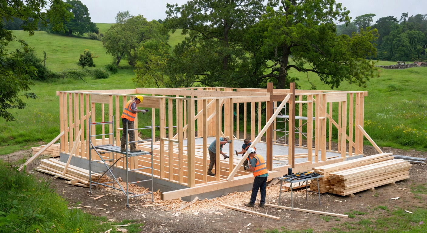 Montage d'une extension en ossature bois avec panneaux préfabriqués sur un chantier belge