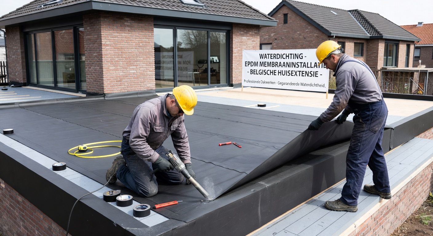 Pose d'une membrane EPDM noire sur une toiture plate d'extension de maison