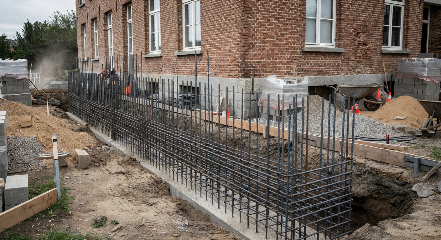Coulage de fondations en beton arme pour une extension de maison en Belgique