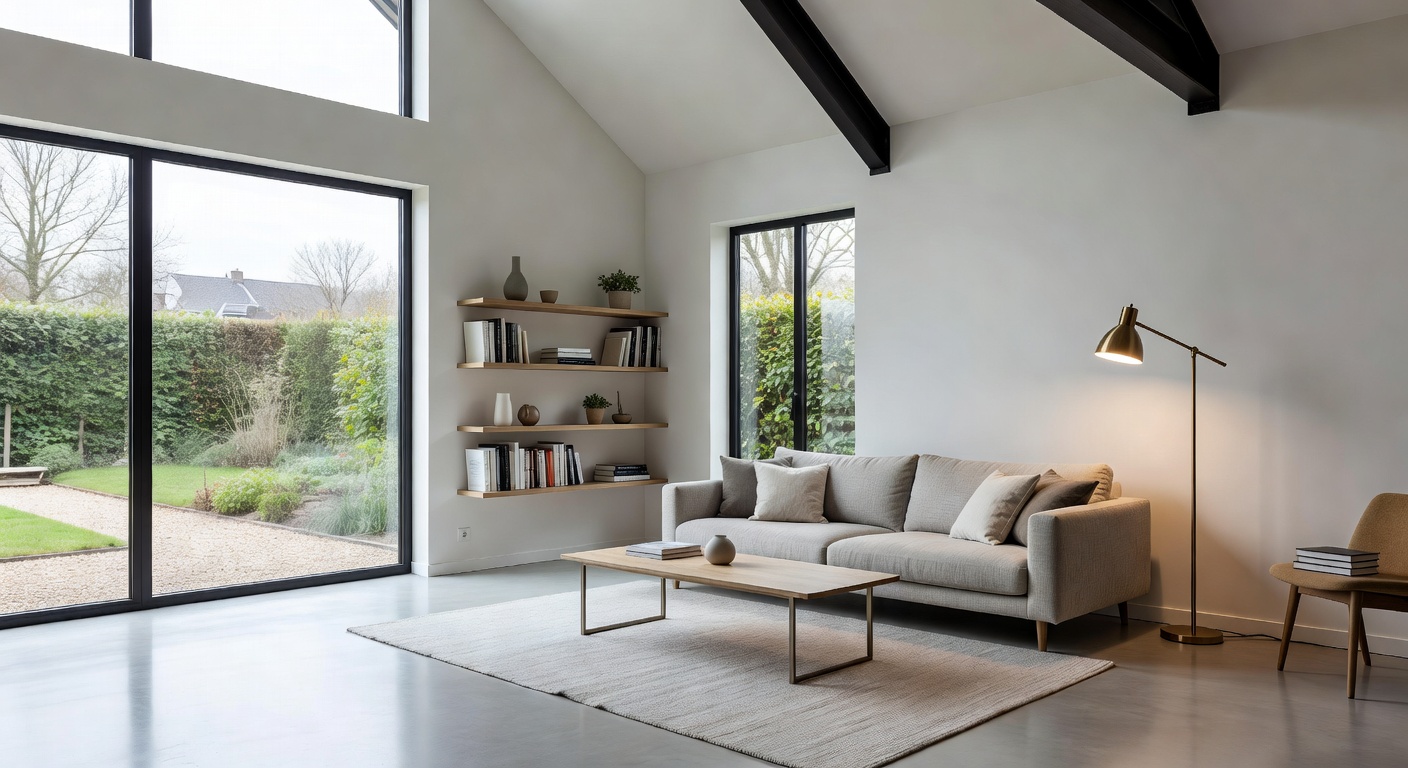 Garage transformé en bureau lumineux avec grande baie vitrée et isolation intérieure