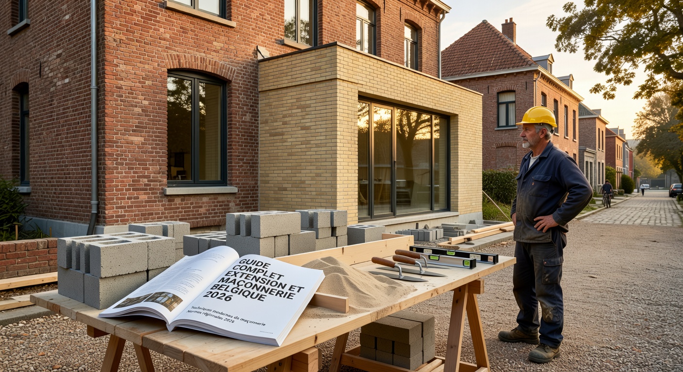 Illustration d'une extension de maison avec travaux de maçonnerie en Belgique en 2026