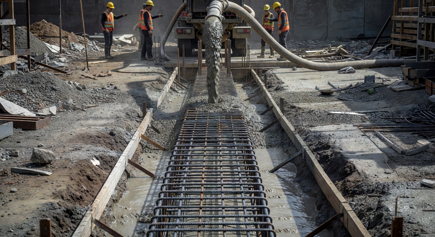 Longrine en beton arme avec ferraillage pour fondation d'extension de maison