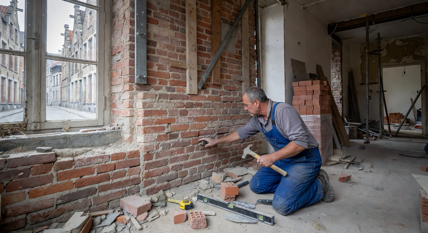 Ouverture dans un mur porteur en briques avec poutre IPN et etaiement temporaire