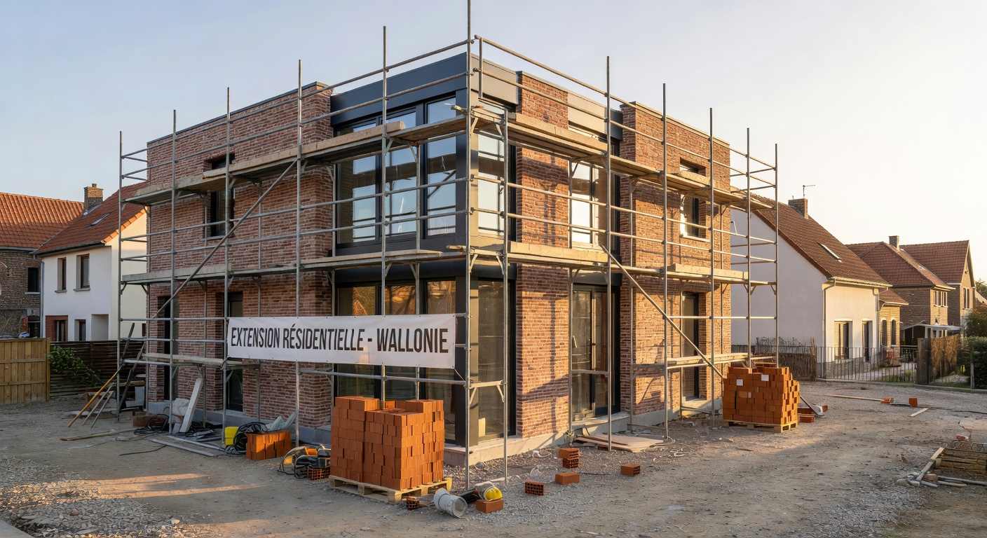 Extension de maison en maçonnerie en Belgique avec vue sur le chantier et les fondations en cours de construction