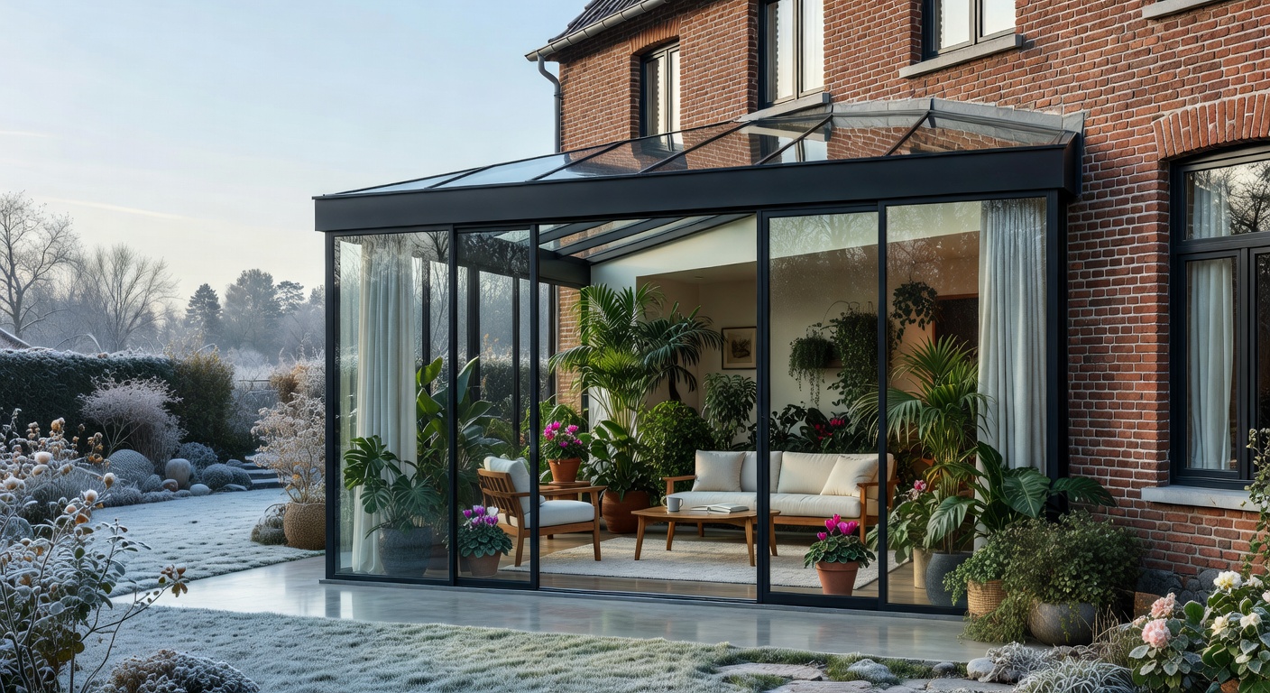 Véranda habitable 4 saisons lumineuse avec triple vitrage et mobilier de salon en Belgique