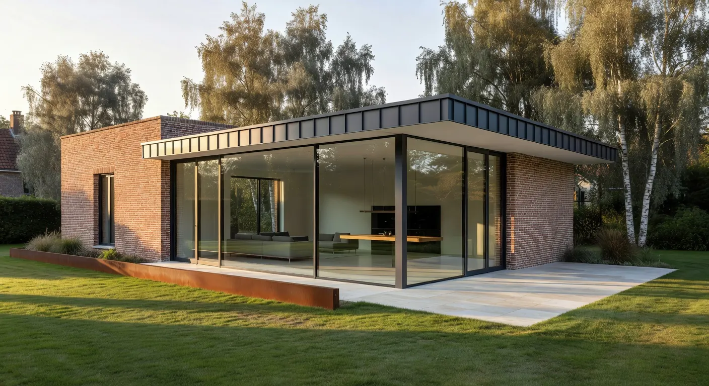 Illustration d'une extension de maison avec travaux de maçonnerie et icônes de primes