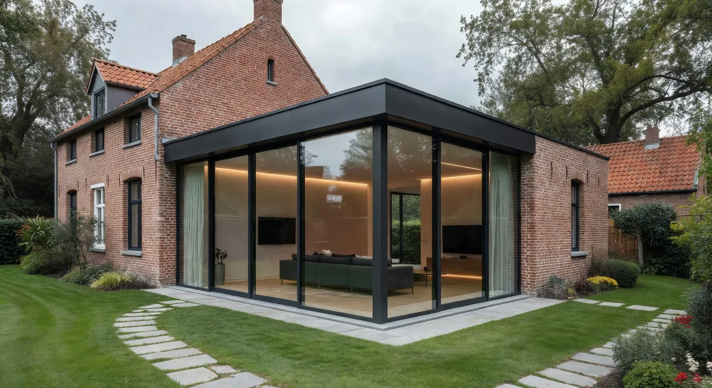 Illustration d'une extension de maison moderne intégrant maçonnerie et technologies connectées pour 2026