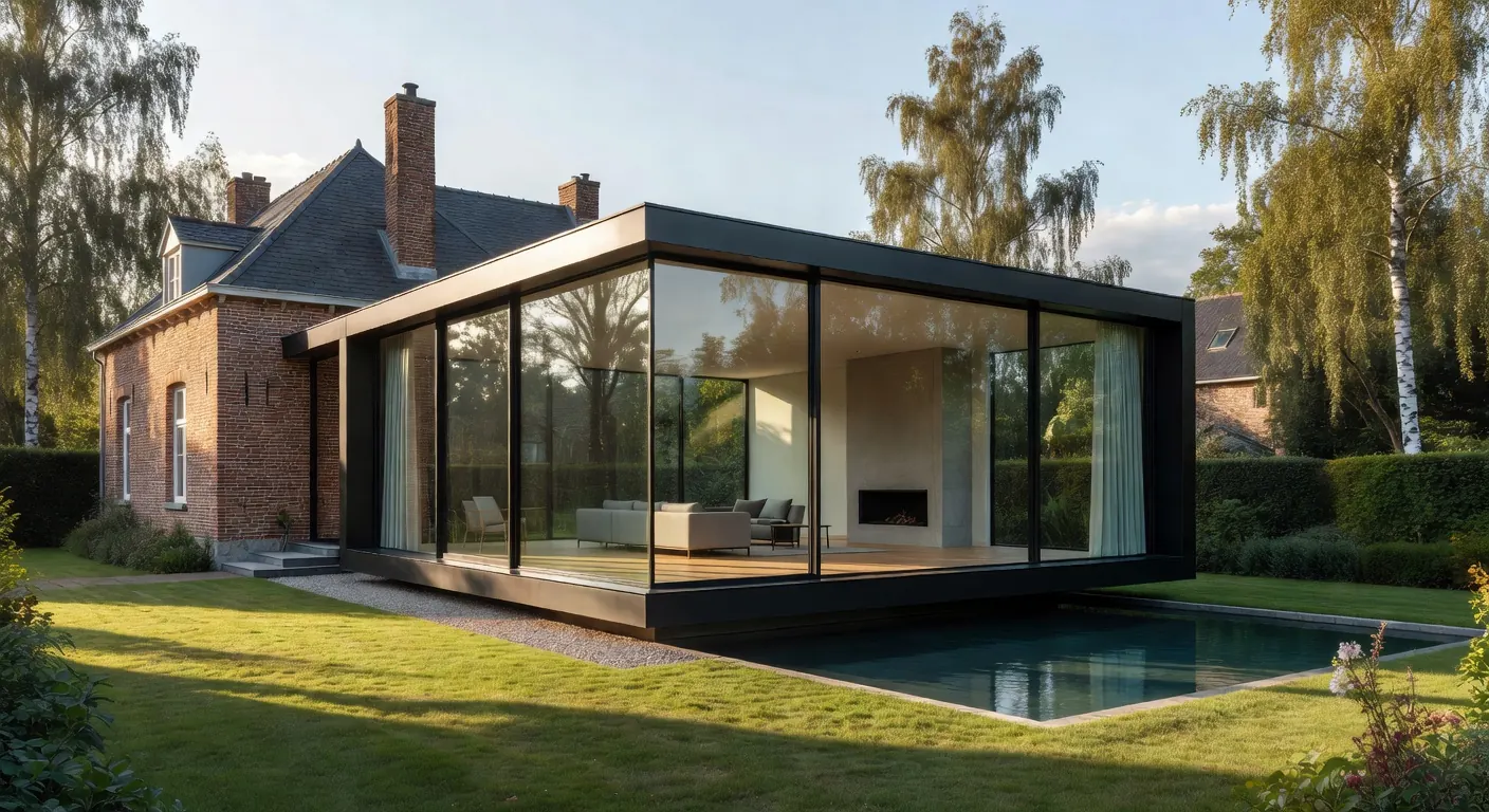 Image d'une extension de maison moderne avec éléments de maçonnerie et intégration de maison connectée en 2026