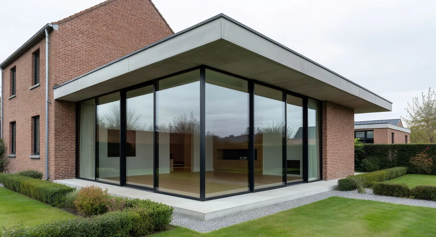 Extension maçonnée en cours d'installation sur une maison belge