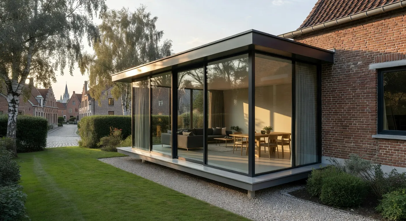 Illustration d'une extension de maison moderne en maçonnerie en Belgique pour 2026