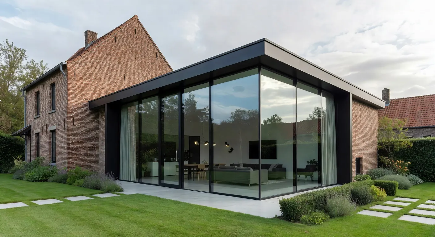 Illustration d'une extension de maison moderne en maçonnerie en Belgique pour 2026