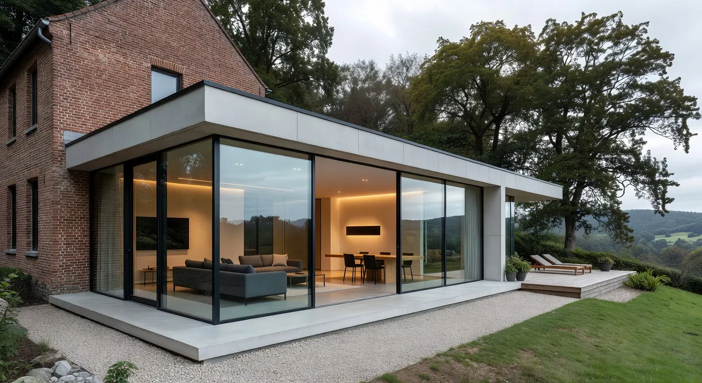 Illustration d'une extension de maison moderne en maçonnerie en Belgique pour 2026